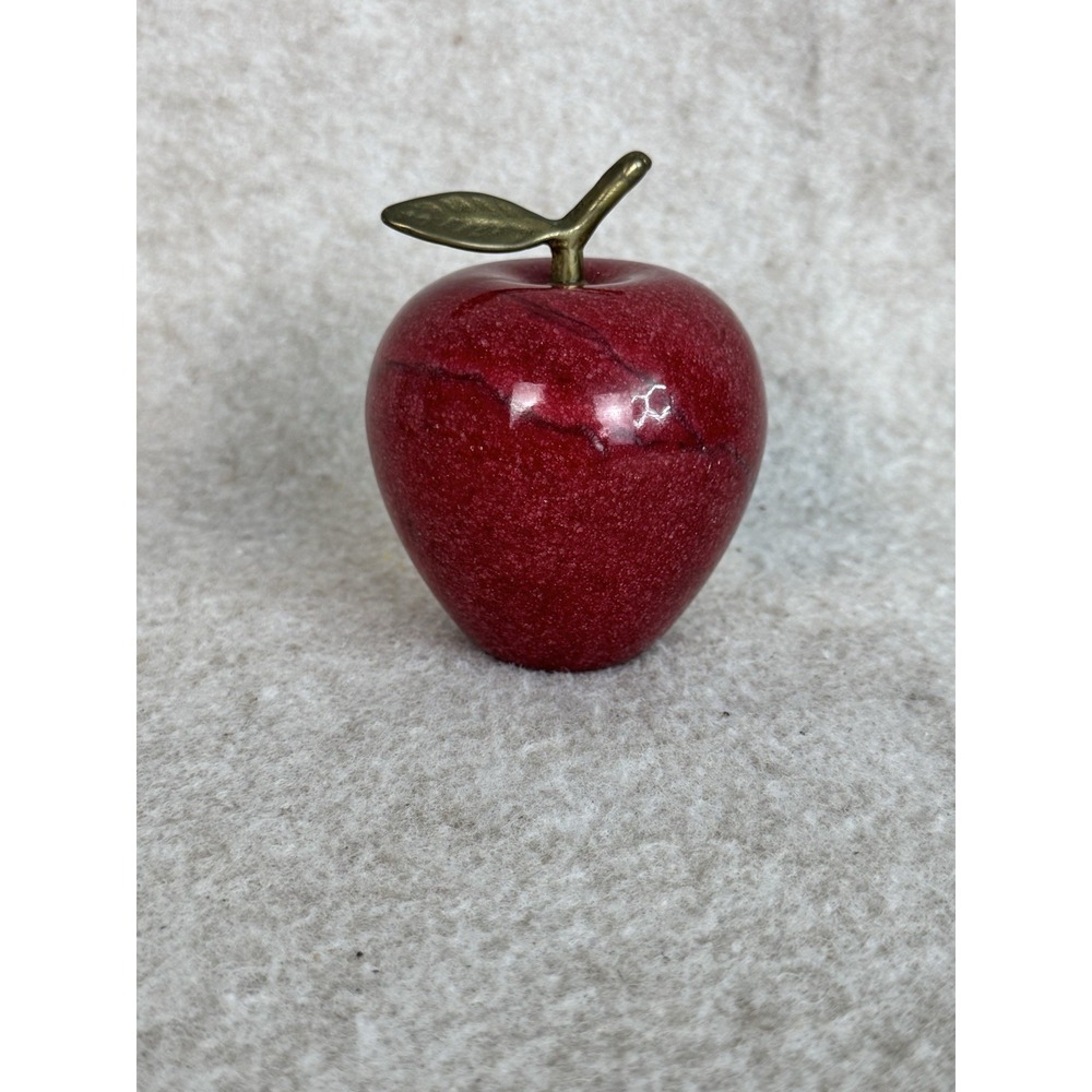 Red Marble Apple Paperweight with Brass Leaf Stem, Teacher Gift